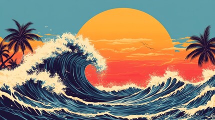 Stunning sunset over ocean waves with palm trees, perfect for travel and summer vibes.