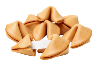 Golden Fortune Cookies Pile with Blank Message Slip on White Background – Future, Luck & Custom Content Concept