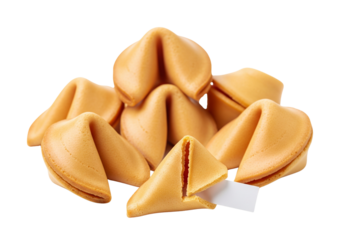 Pile of Golden Fortune Cookies with Blank Prediction Slip Isolated on White