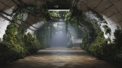 An atmospheric underground tunnel overgrown with lush greenery, creating a serene blend of nature and architecture.