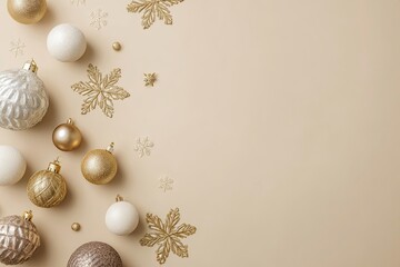 Elegant Christmas background with gold and white ornaments and snowflakes on beige