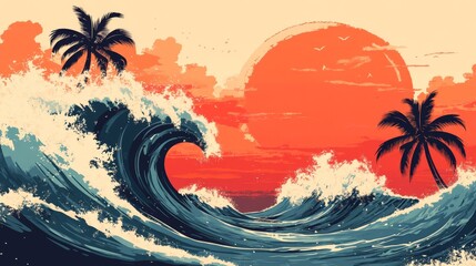Stunning sunset over ocean waves with palm trees, capturing a vibrant beach scene ideal for summer