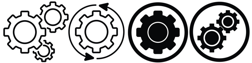 Gear settings icon set. Vector glyph pictograms of cogwheel and wrench for configuration, optimization, and maintenance concepts.