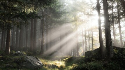 Fototapeta premium A serene forest scene with sunlight streaming through tall trees, casting ethereal rays onto the lush undergrowth.