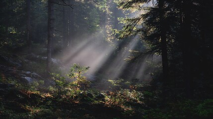 Obraz premium A serene forest scene with sunlight filtering through trees, creating a mystical atmosphere with rays of light illuminating the greenery.