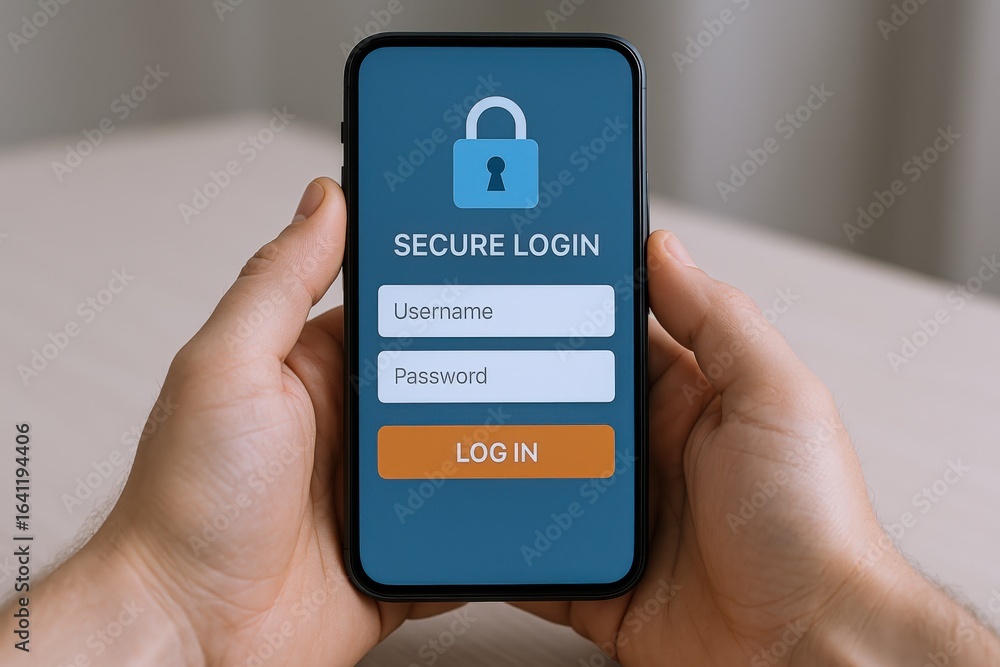 Poster secure login on smartphone: hands holding mobile phone displaying authentication interface for onlin