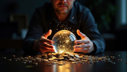 Mysterious fortune teller holding a glowing crystal ball surrounded by gold coins