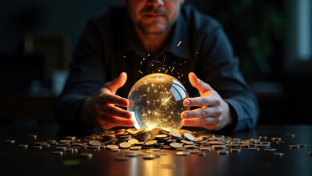 Mysterious fortune teller holding a glowing crystal ball surrounded by gold coins