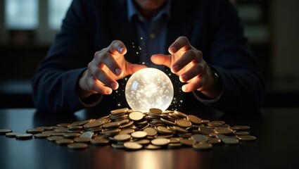 Mysterious glowing orb on a pile of coins with hands reaching out