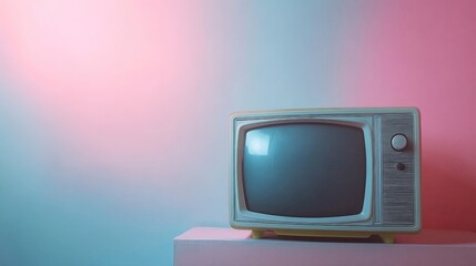 Vintage television set illuminated with vibrant pink and blue light on pastel background