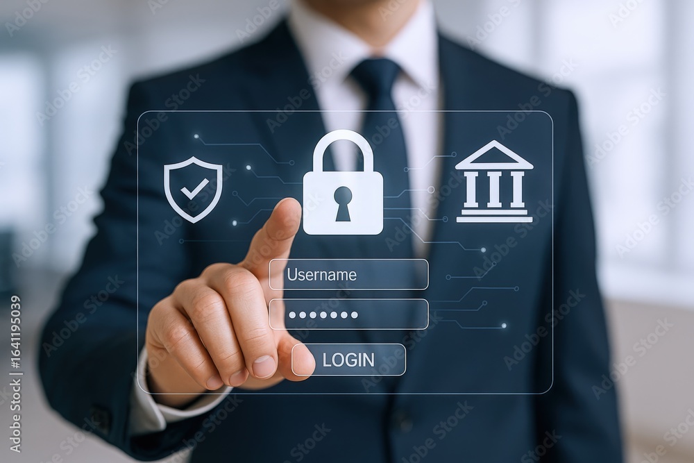 Poster secure online banking concept: businessman touching virtual lock symbol for digital security interfa