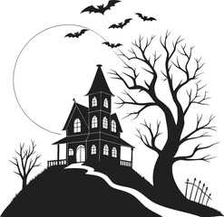 haunted house on hill with bats and moonlight