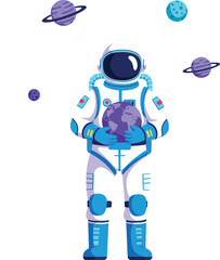 Astronaut holding planet Earth surrounded by purple planets and blue moon in space vector illustration
