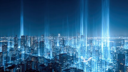 Futuristic Cityscape with Data Streams: Digital Network and Connectivity Concept, representing technological advancement