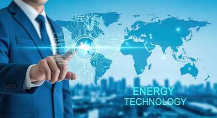 Businessman Touching Holographic Energy Globe Displayed Over World Map, Representing Future Energy Technology Solutions