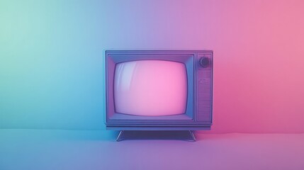 Retro television with neon pink and blue lighting creates a nostalgic, modern aesthetic