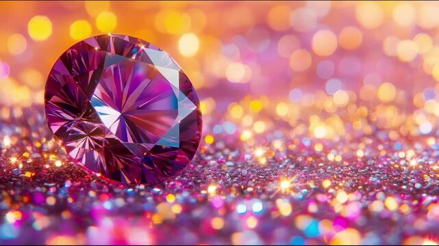 Sparkling gem rests on a colorful glitter background at a vibrant art exhibition