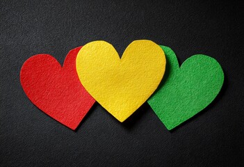 Obraz premium Three felt hearts in red yellow and green on a black surface
