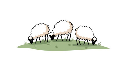 Charming Illustration of Three Sheep Grazing Peacefully on Green Pasture, Ideal for Children's Books, Farm-Themed Designs, or Educational Materials