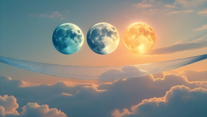 Fototapeta premium A surreal scene of three moons in different shades of blue and gold floating above a cloudy sunset horizon.