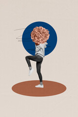 Pop pinup collage of person move with flower face on pastel background