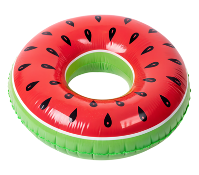 Bright inflatable watermelon swim ring perfect for colorful summer pool fun. This vibrant transparent png image is isolated.