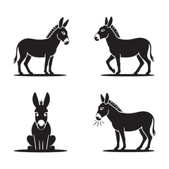 Vector art of four black donkey silhouettes isolated on white background