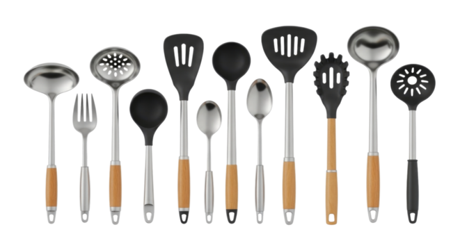 Various cooking utensils including ladles, spoons, and spatulas arranged neatly for kitchen use transparent background, cutout PNG