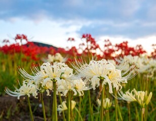 Obraz premium White spider lilies in the foreground, contrasting red lilies in the background under a cloudy sky