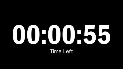 1 minute countdown timer with white bold numbers on black screen