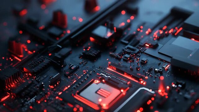 Cpu overheating with red lights on motherboard, futuristic technology