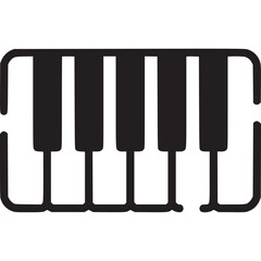 A minimalist piano keyboard icon isolated on white background, featuring a simple design with black and white keys, representing music, melody, and musical instrument