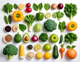 Vibrant flatlay of assorted fruits, vegetables, and legumes on a white background