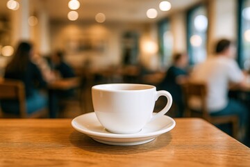 Obraz premium Coffee Cup on Wooden Table in Cafe Setting with Blurred Background of People