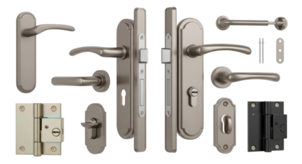 Various door locks and handles arranged for display with multiple styles and finishes transparent background, cutout PNG