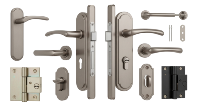 Various door locks and handles arranged for display with multiple styles and finishes transparent background, cutout PNG
