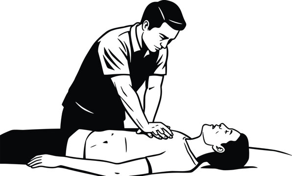 CPR emergency training, man giving CPR, chest compression technique, medical rescue illustration, first aid procedure, life saving action, cardiopulmonary resuscitation concept,