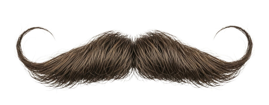Brown mustache with curly ends on transparent background, cutout PNG