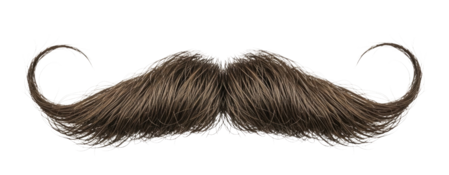 Brown mustache with curly ends on transparent background, cutout PNG