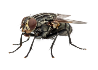 Detailed close-up of a fly on a transparent background, showcasing its features in a cutout PNG