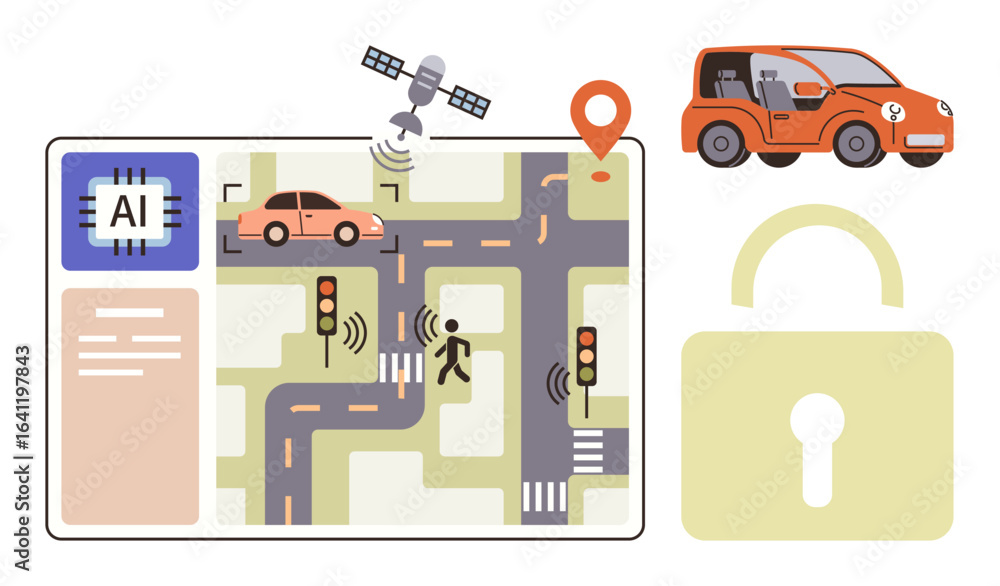 Poster ai-powered car navigating smart city streets using satellite gps and traffic signals. elements highl