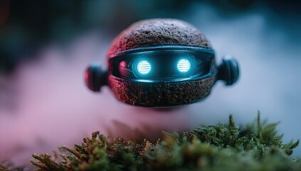 Small, round robot, hovering over moss.  Neon glow