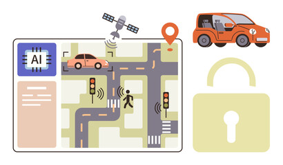 AI-powered car navigating smart city streets using satellite GPS and traffic signals. Elements highlight autonomous driving, safety, and connectivity. Ideal for technology, innovation
