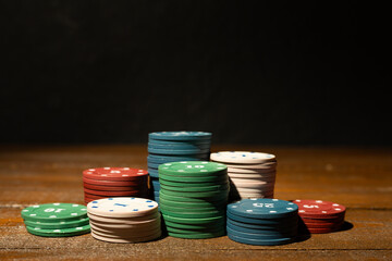 Poker chips on table. Casino card game