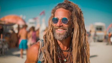 Happy middle-aged man with gray dreadlocks and round sunglasses at Nevada desert festival, sunlit bohemian portrait with dust and blue sky