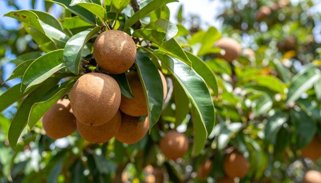 A close-up of fresh sapodilla or sapodilla plum fruit on the tree with selective focus and blur. Sapodilla or sawo is a tropical fruit with a brown skin that has a sweet taste inside.