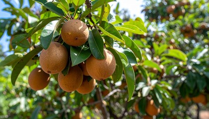 A close-up of fresh sapodilla or sapodilla plum fruit on the tree with selective focus and blur. Sapodilla or sawo is a tropical fruit with a brown skin that has a sweet taste inside.