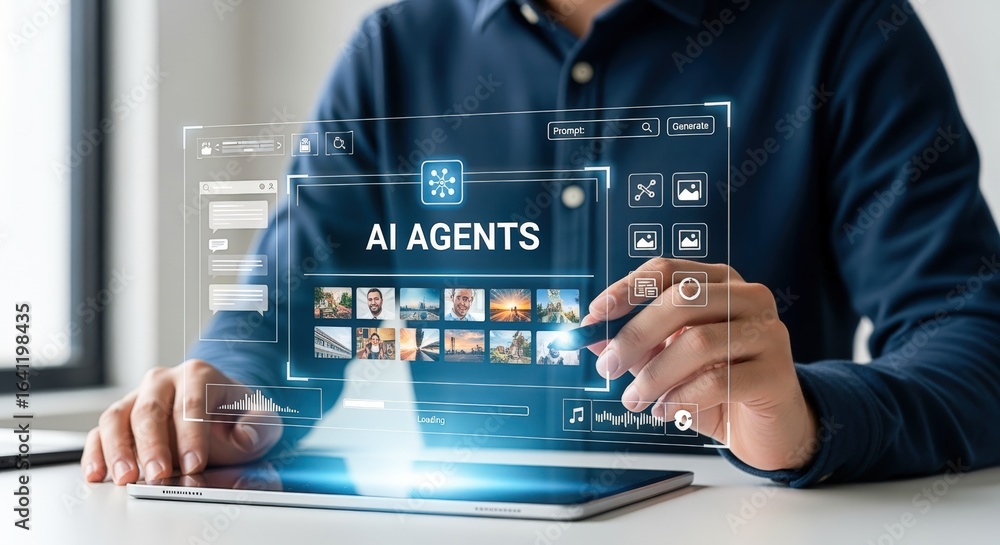 Poster ai agents concept: man interacting with a digital interface on a tablet, utilizing artificial intell