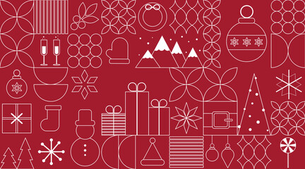 Red trendy geometric Christmas banner, poster. Mosaic greeting card with Happy New Year and Christmas. Vector