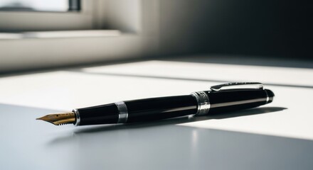 A black fountain pen rests on a white surface, lit by sunlight streaming through a window